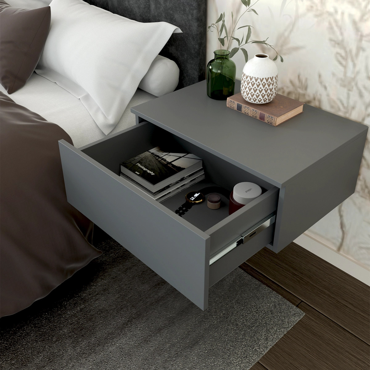 Тумба подвесная прикроватная Рэя Графит